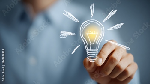 A person draws a glowing lightbulb in the air, symbolizing creativity, ideas, and innovation.