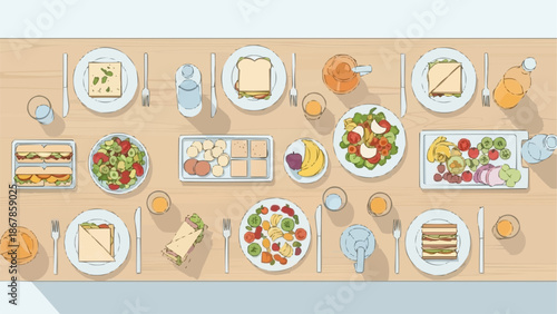 Overhead view of a table set with various delicious food dishes and drinks.