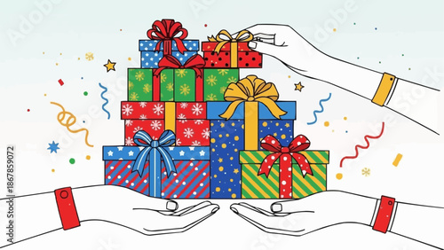 Hands exchanging a stack of colorful gift boxes with ribbons and confetti.