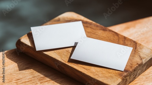 Wallpaper Mural Two blank business cards resting on a wooden cutting board, illuminated by soft natural light, creating a minimalistic and professional aesthetic. Torontodigital.ca