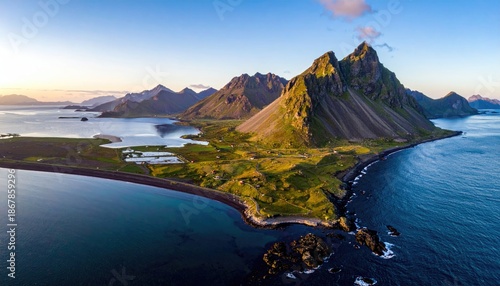 Stunning aerial view of the mountains and the ocean coast.