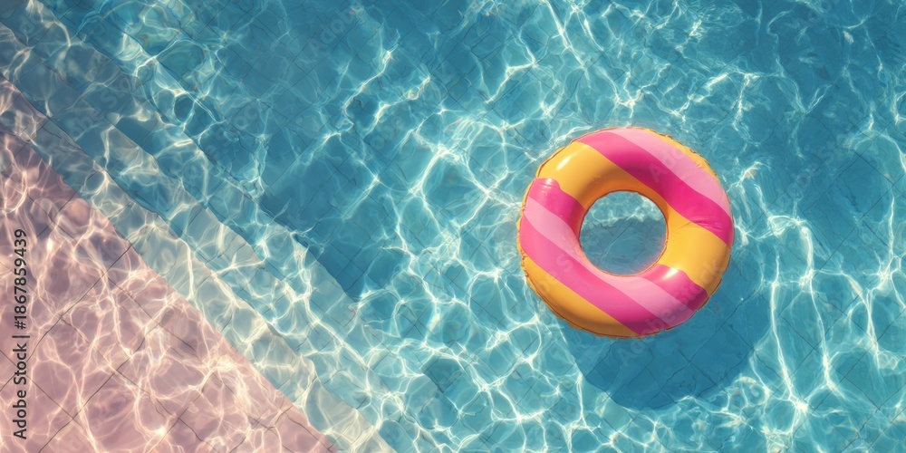 Obraz premium A vibrant pool scene featuring a colorful inflatable ring floating on clear blue water, reflecting sunlight and creating a relaxing atmosphere.