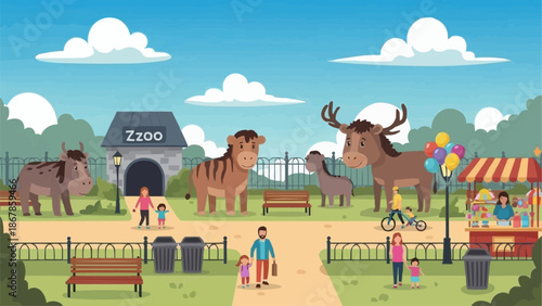 Zoo scene with various animals and visitors enjoying the day.