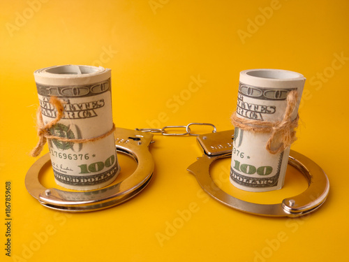 The image depicts money and handcuffs, symbolizing bail or a bail bond
