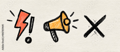 Hand drawn icons featuring lightning bolt, megaphone, and cross mark, ideal for web design and communication themes. These expressive symbols convey energy, announcement, and negation