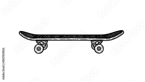 Illustration of a skateboard with four wheels, featuring a dark deck and lighter wheels, captured from a side profile in a simple, sketch-like drawing style