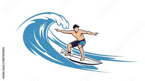 Dynamic vector illustration of a male surfer skillfully riding a powerful blue ocean wave, capturing the thrilling essence of water sports and summer adventure