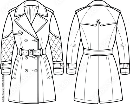 Elegant trench coat fashion flat, belted double breasted outerwear, quilted sleeve design, technical clothing template, apparel vector illustration sketch style