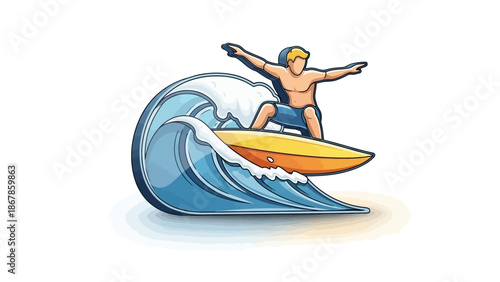 Dynamic illustration of a man skillfully riding a powerful ocean wave on a bright surfboard, embodying summer fun and extreme water sports