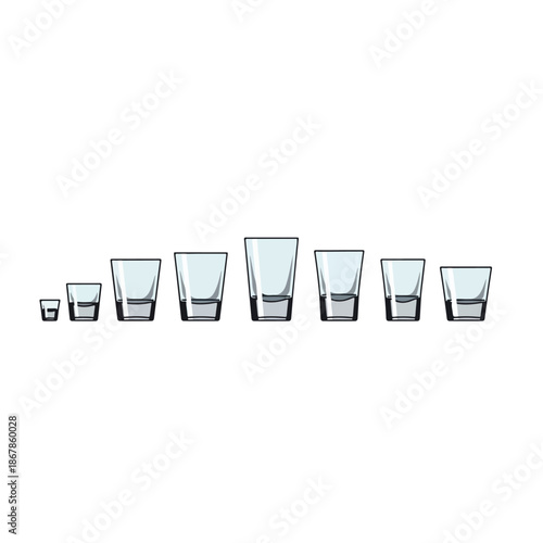 Shot glasses collection different sizes clear glasses.