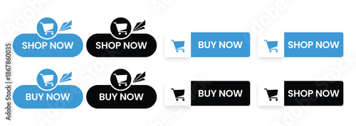 Modern E-commerce Button Set: Blue and Black Shop Now & Buy Now Vector Icons