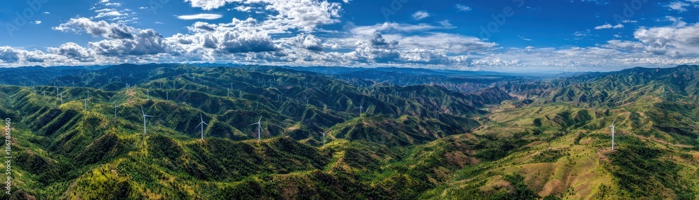Fototapeta premium A panoramic view of green hills dotted with wind turbines under a blue sky with clouds, showcasing renewable energy in a natural landscape.