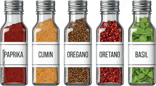 Spices in glass jars paprika cumin oregano oretano basil.