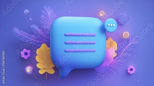 A vibrant digital message bubble surrounded by colorful leaves, flowers, and bubbles on a purple background, symbolizing communication and creativity.