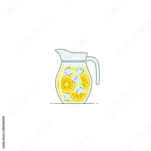 lemonade pitcher with lemons and ice.