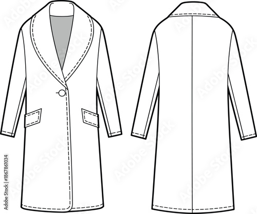 Fashion, women, coat, technical, flat, vector, CAD, drawing, long, outerwear, shawl, collar, single, button, minimal, apparel, design, template, front, back