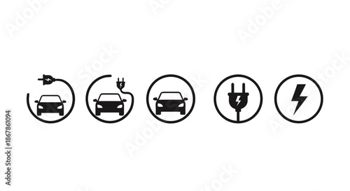 ​Electric car vehicle charging station icon set with plug and lightning bolt silhouette isolated on white background