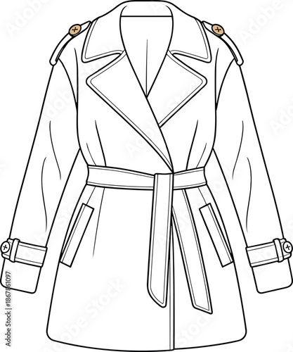 Fashion, women, trench, coat, technical, flat, vector, CAD, drawing, belted, waist, shoulder, epaulette, outerwear, stylish, apparel, design, template, clothing, illustration