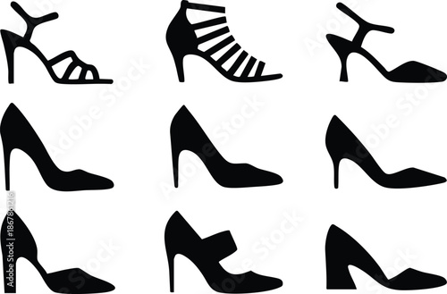 Set of Women's High-Heeled Shoe Silhouettes, Collection of Fashionable Footwear Icons, Minimalist High Heel Vector Symbols, Black and White Women's Shoe Silhouette Set.
