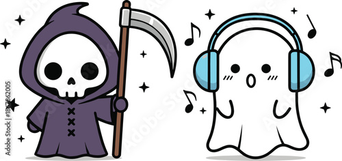 Cute Grim Reaper and Ghost Music Mascot Vector SetCute Grim Reaper and Ghost Music Mascot Vector Set
