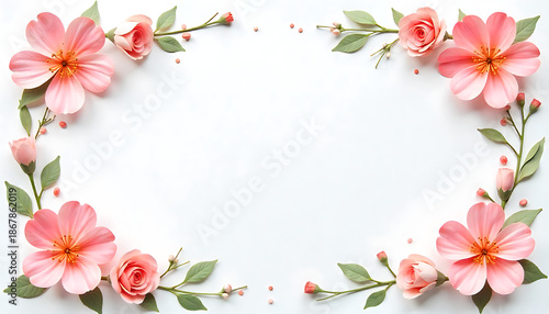 A soft floral frame with pale blue center and delicate pink blossoms along the top-left edge, creating a tranquil mood; 4K HD