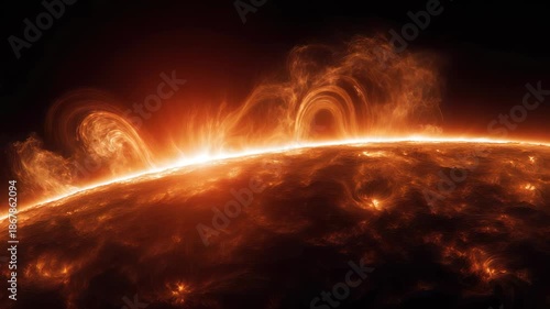 Wallpaper Mural A solar flare erupts from the surface of sun, creating swirling plasma arcs that glow in orange and yellow Torontodigital.ca