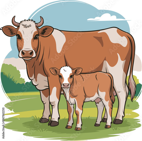Mother cow and calf standing together in a green pasture illustration