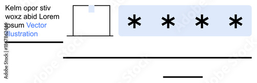 Digital security, identity protection, password management, cybersecurity, user authentication, data privacy. Asterisks and text field elements. Digital security and identity protection concept