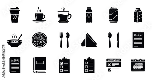Comprehensive collection of food and drink black glyph icons useful for restaurant menus, cooking applications, meal planning, and grocery shopping list apps.