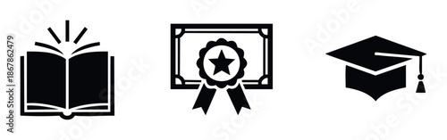 Collection of educational symbols illustrating knowledge, achievement, and academic success with an open book, diploma certificate, and graduation cap, useful for academic and learning