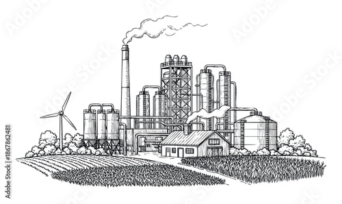 Large industrial factory complex with a tall smokestack, processing plants, storage silos, and a wind turbine, surrounded by agricultural fields for various energy and food production