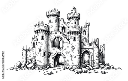 Detailed hand drawn monochrome illustration of an ancient ruined fortress showcasing medieval architecture and crumbling stone walls, perfect for historical books, game design, or