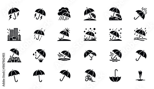 Comprehensive collection of umbrella weather condition icons in black silhouette for web and mobile applications, meteorology, safety, and insurance graphic assets