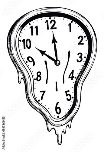 Abstract melting clock with a unique warped design in a monochrome sketch style illustrating the concept of timelessness and fluidity for engaging visual communication projects