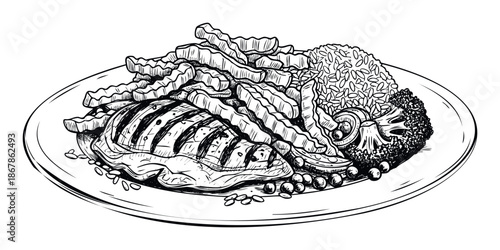 Hand drawn food illustration of a complete dinner featuring grilled chicken, crispy crinkle cut fries, fluffy rice, fresh broccoli, and green peas on a plate, great for menus or cooking