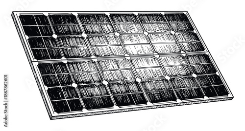 Hand drawn solar panel illustration for renewable energy projects and sustainable technology presentations promoting eco friendly power solutions