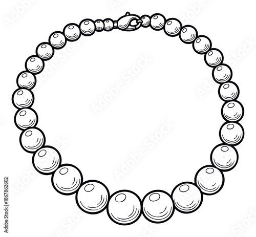 Elegant pearl necklace line drawing featuring a graduated design and lobster clasp, perfect for luxury jewelry store graphics, wedding stationery, or engaging coloring book activities.