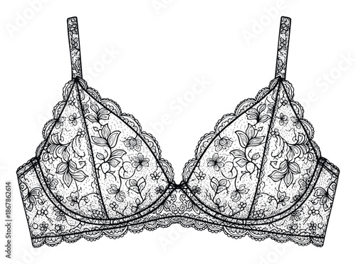 Delicate floral lace bra sketch for lingerie industry professionals featuring intricate feminine details perfect for product development and apparel manufacturing.
