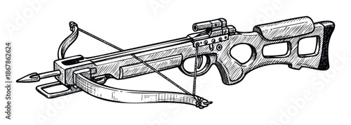 A detailed hand drawn sketch of a modern crossbow with a scope and an arrow ready to shoot, ideal for outdoor hunting equipment catalogs and adventure sport graphics.