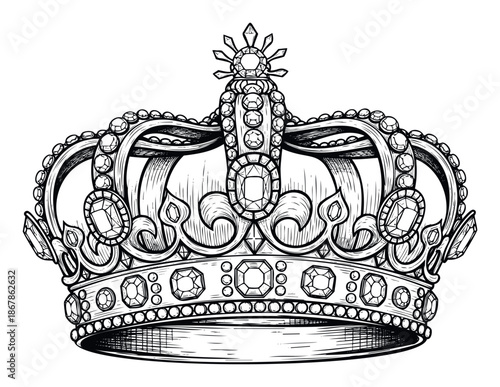 Ornate royal crown adorned with numerous precious jewels and intricate patterns symbolizing power, majesty, and luxury, suitable for historical, ceremonial, or celebratory design projects.