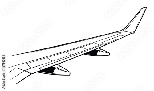 Black and white airplane wing vector illustration featuring the engine and wingtip providing a clear visual for aerospace engineering textbooks and flight training manuals