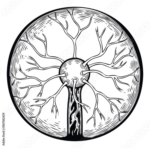 Organic branching structure within a circular frame represents interconnected natural systems ideal for conceptual designs, biological illustrations, or unique graphic emblems and logos for