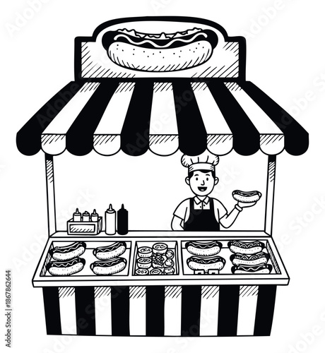 A cheerful vendor at a hot dog stand offering delicious hot dogs with various condiments, perfect for food service promotions or restaurant menu visuals.