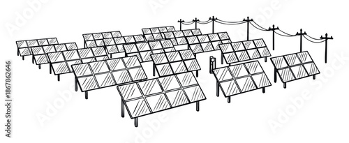 Vast solar farm with multiple photovoltaic panels converting sunlight into clean renewable electricity, connected to a power grid via utility poles, perfect for presentations on sustainable