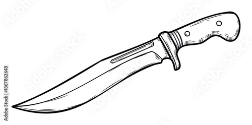 A rugged outdoor knife graphic useful for survival guides, adventure themed publications, camping equipment promotions, or wilderness exploration branding.