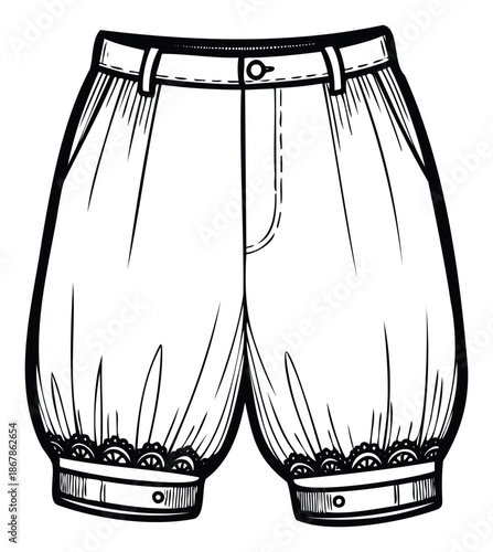 Classic vintage style womens undergarment or short pants featuring lace trim and button details perfect for historical fashion projects costume design or apparel reference