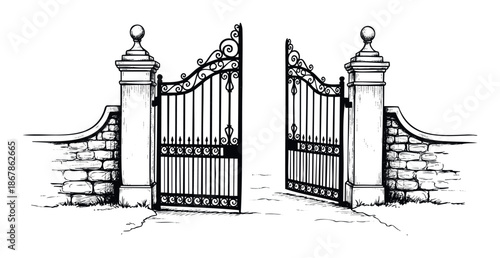 Elegant open ornate wrought iron gate with classic stone pillars and a low wall inviting visitors into a distinguished property, perfect for architectural, home, or landscape related themes