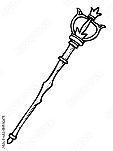 A regal magical scepter or staff, elegantly drawn with a crown motif, perfect for fantasy game assets, enchanted storybook illustrations, or royal ceremonial themed projects.