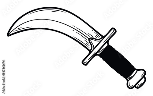 A bold graphic representation of a curved sword weapon, perfect for historical combat themes in print media, apparel, or game design projects.