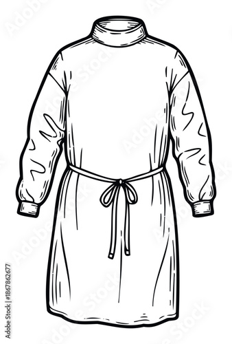 Medical protective gown drawing, a simple black and white outline for healthcare and safety promotions, useful for educational materials and hospital uniform depictions.